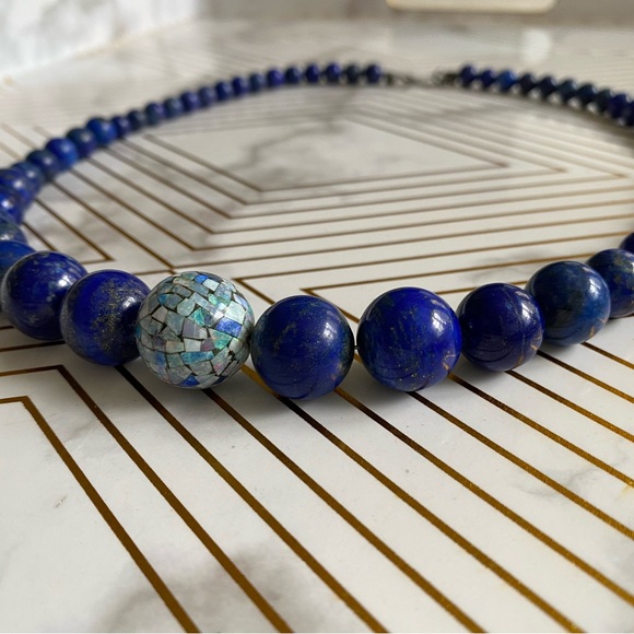 Blue Lapis Lazuli Beaded Necklace .925 Stamped Clasp Vintage Vibes! - Picture 2 of 6